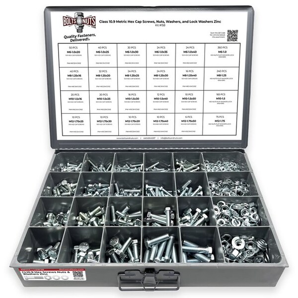 Boltsandnuts.Com Metric Class 10.9 Hex Cap Screws, Hex Nuts, Flat & Lock Washers Coarse Thread Zinc Clear - 1269 PCS Assortment Kit #158 - main